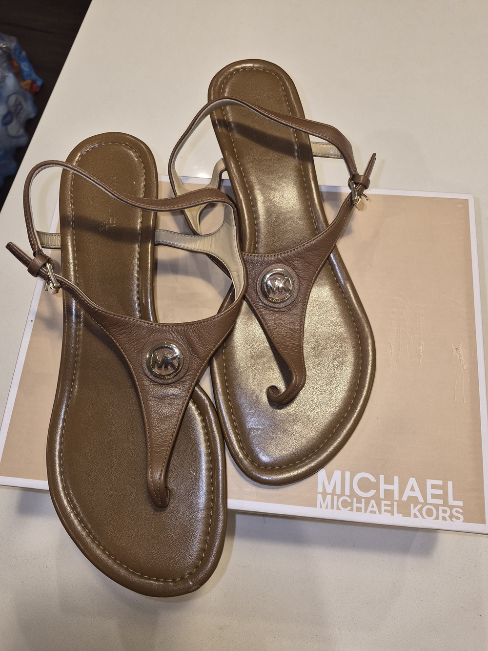 Michael Kors Brown Leather T-Strap Logo Sandals